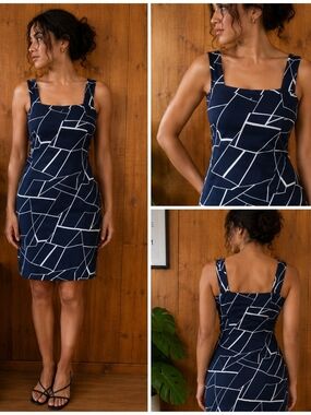 SHEIN Navy & White Geometric Square-Neck Mini Dress